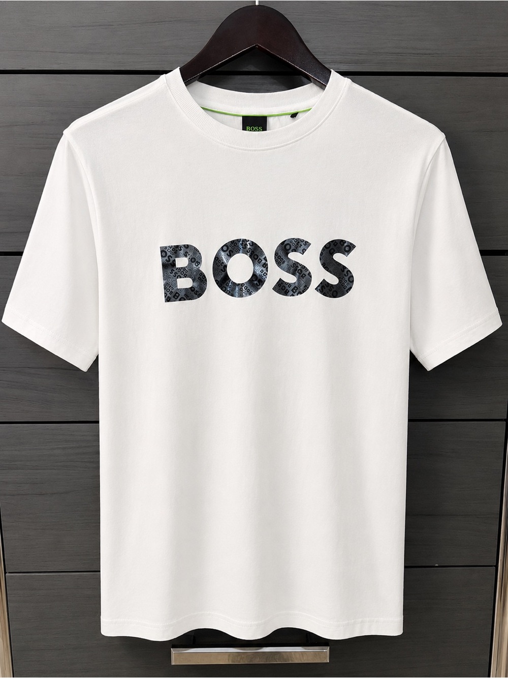 Boss White Short Sleeve Tee with Black Patterned Logo